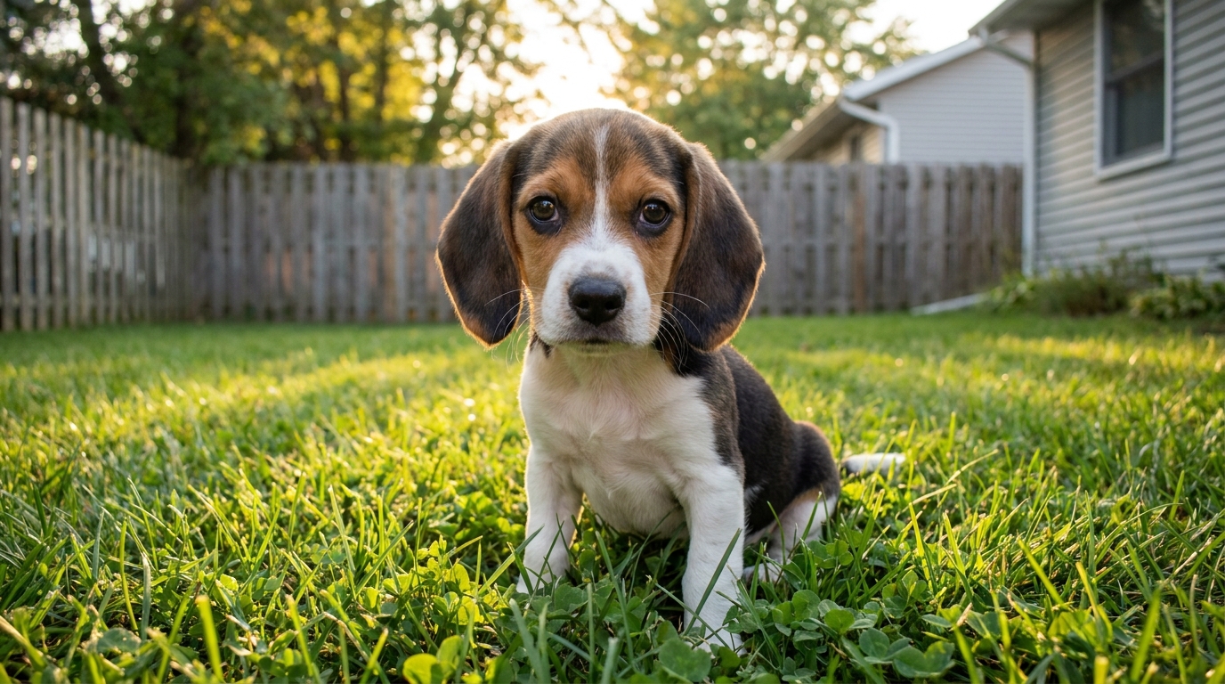 Un adorable chiot Beagle au regard doux est assis dans l'herbe, regardant la caméra avec espoir après son sauvetage.