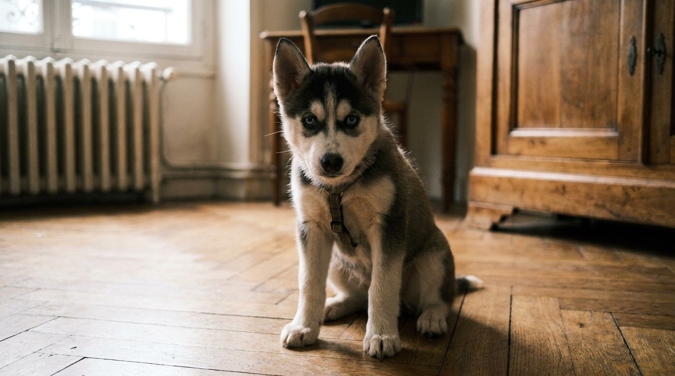 Un jeune chiot de race husky, l'air triste et apeuré, est assis sur le sol d'un appartement, regardant à travers une fenêtre.