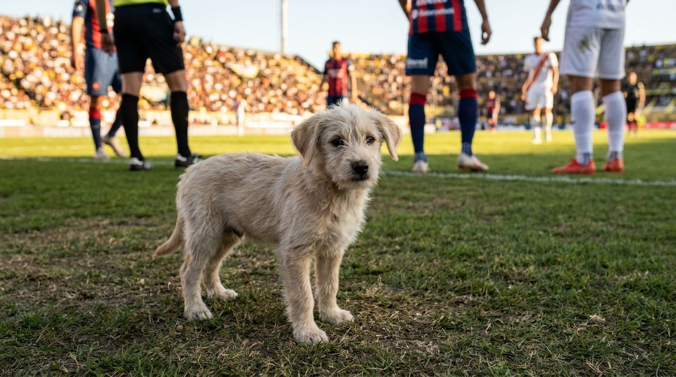 Un adorable chiot se tient au milieu d'une pelouse de stade de football, l'air un peu perdu mais curieux devant les joueurs.