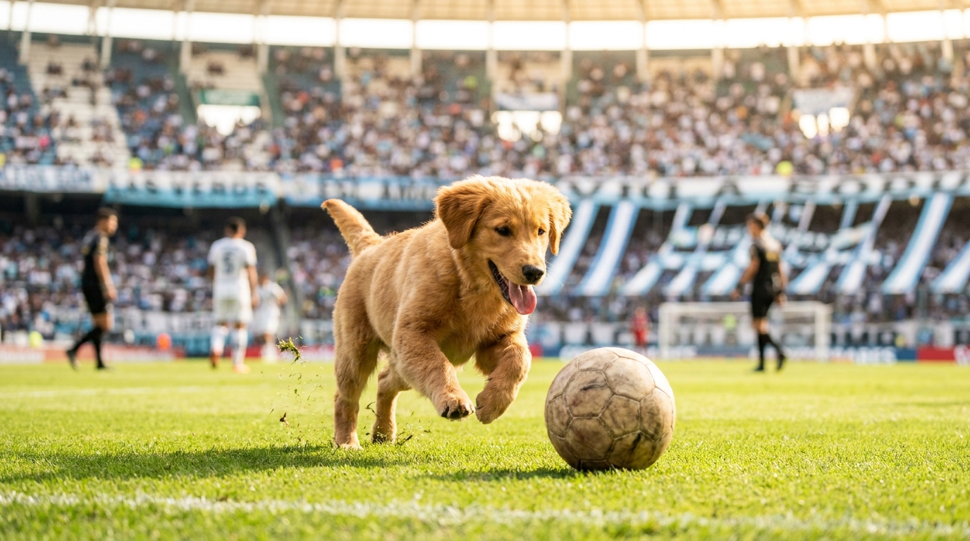 Un adorable chiot de 7 mois, l'air joueur, courant joyeusement sur la pelouse verte et ensoleillée d'un stade de football.