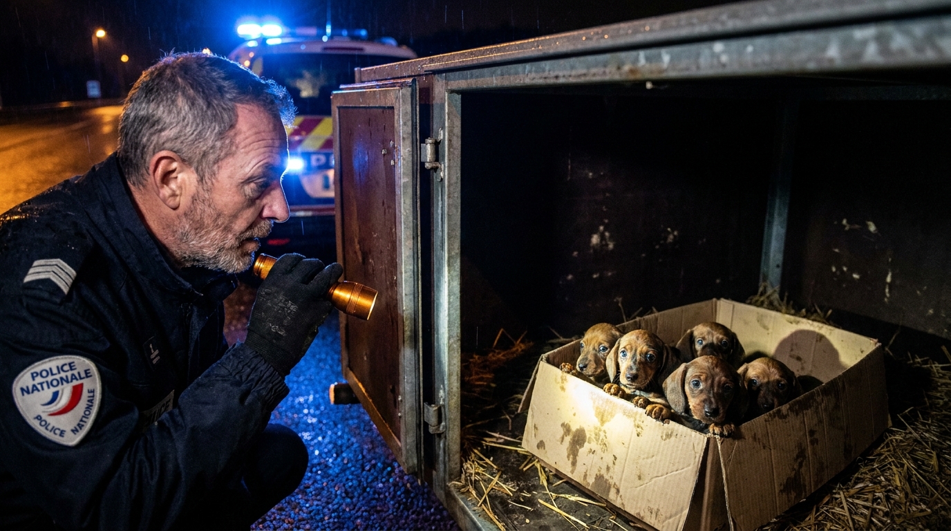 Un minuscule chiot teckel au regard triste, blotti dans une couverture chaude dans un refuge, après son sauvetage.