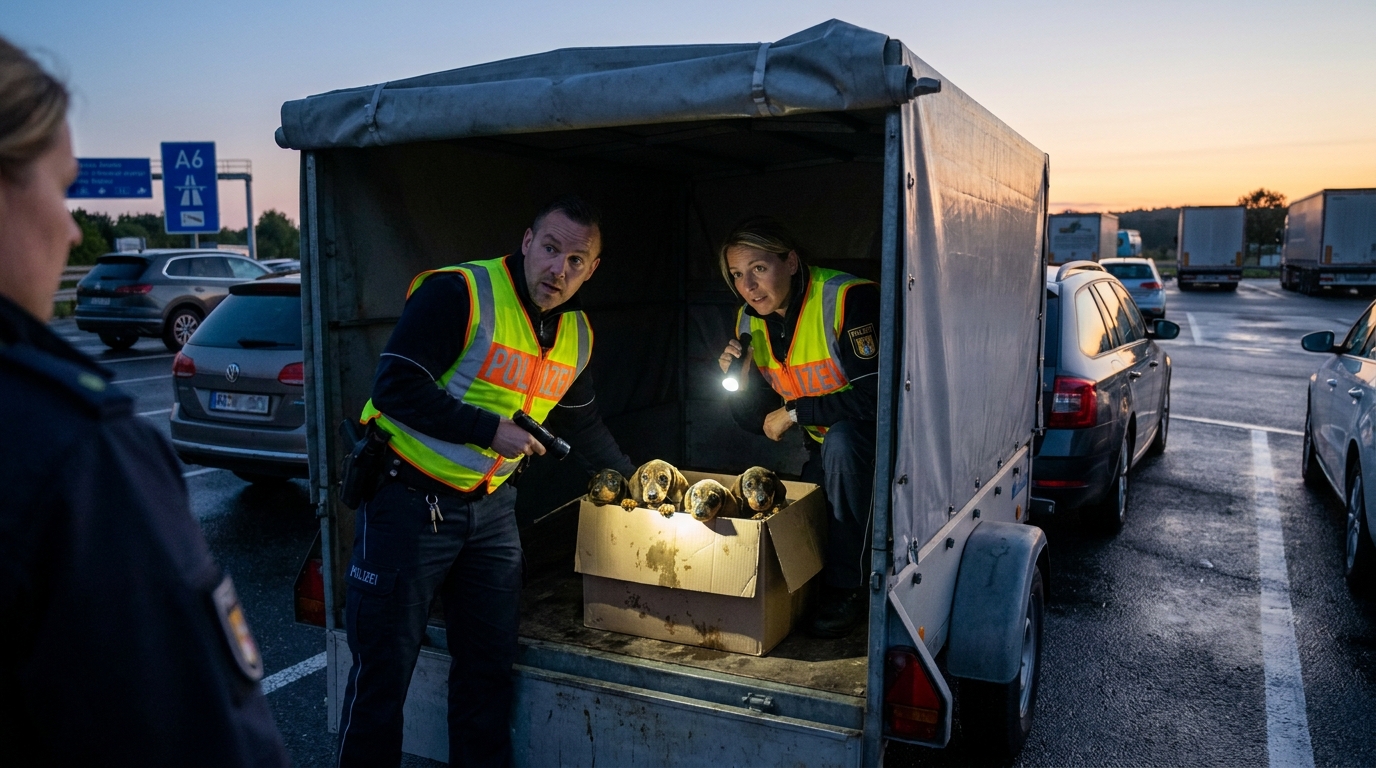 Neuf adorables chiots teckels blottis les uns contre les autres dans un refuge après avoir été sauvés d'un trafic illégal.