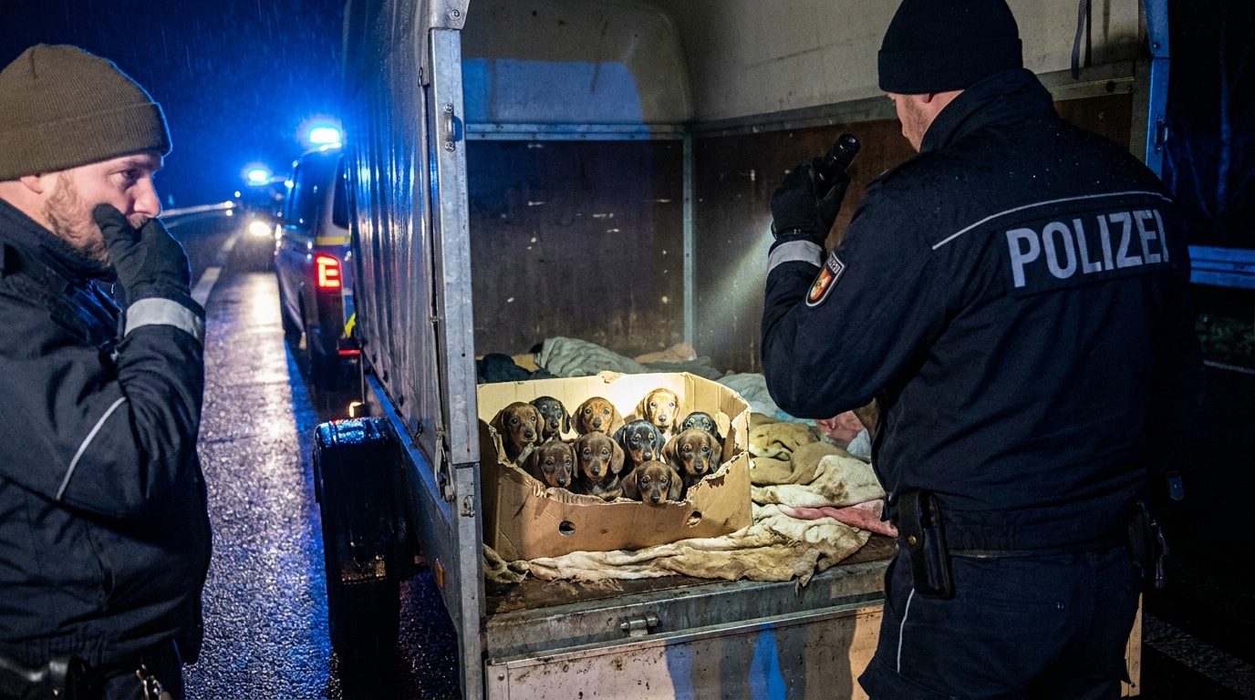 Un minuscule chiot teckel au regard triste dans les mains gantées d'un sauveteur après avoir été découvert dans une remorque.