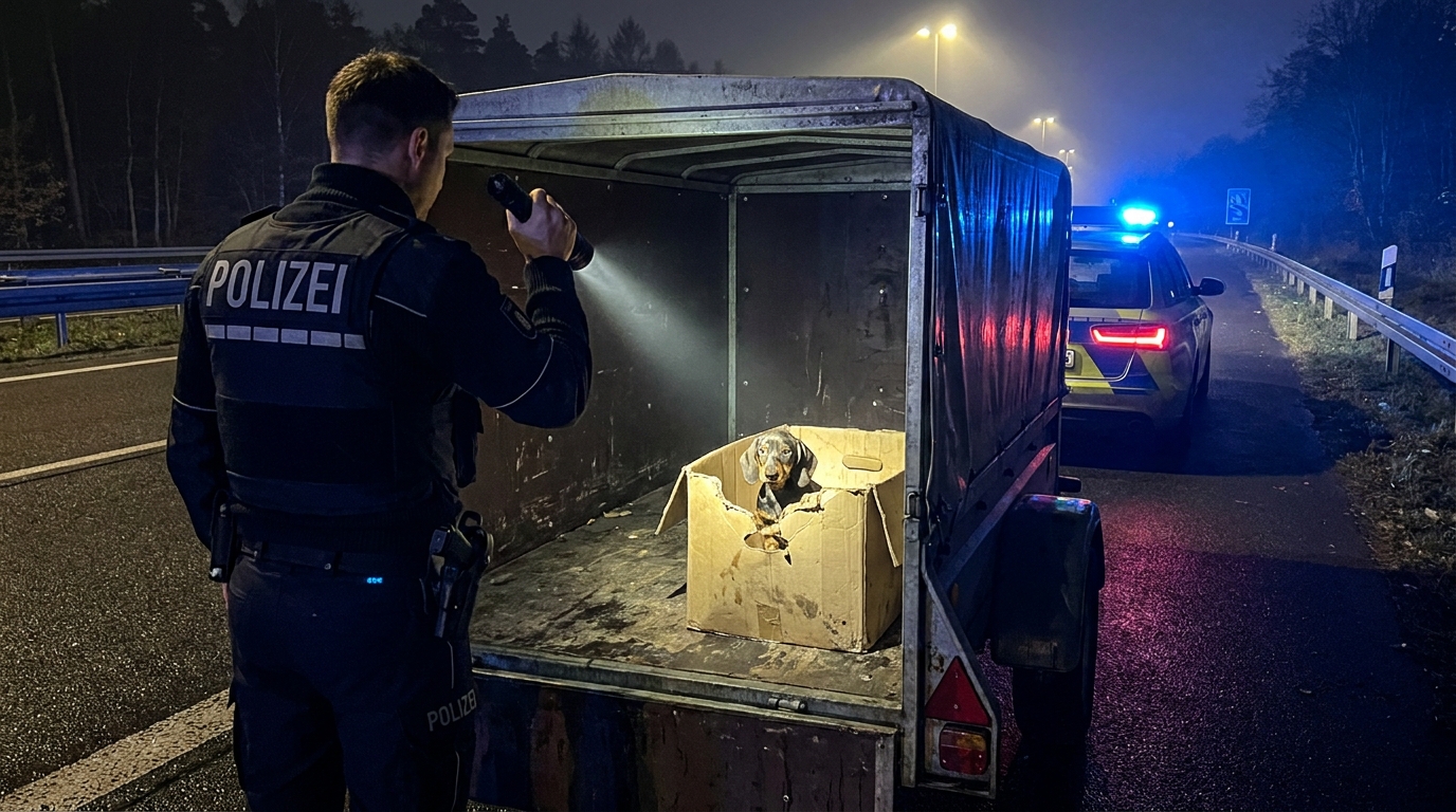 Un policier allemand regarde avec compassion un chiot teckel blotti dans une couverture après son sauvetage sur une autoroute.