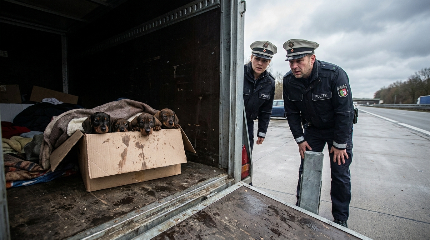 Neuf chiots teckels terrifiés découverts par la police allemande dans une remorque sale lors d'un contrôle routier sur l'A6.