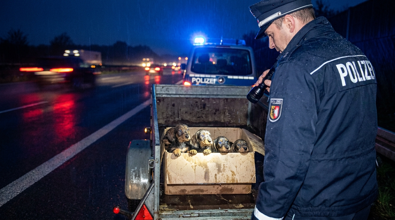 Plusieurs petits chiots teckels blottis les uns contre les autres dans une caisse de transport, le regard effrayé mais en sécurité.