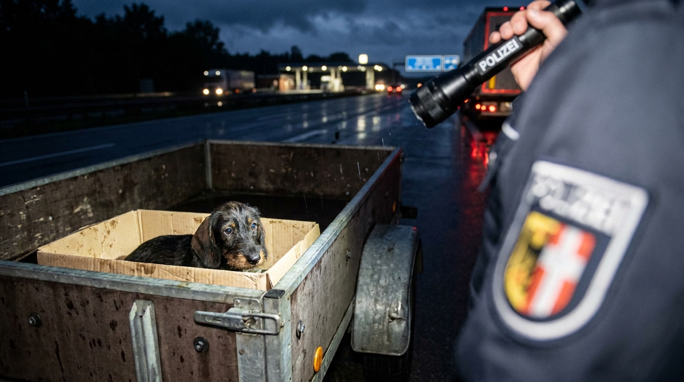 Un chiot Teckel au regard triste dans une caisse de transport, symbolisant le sauvetage de neuf chiots sur une autoroute.