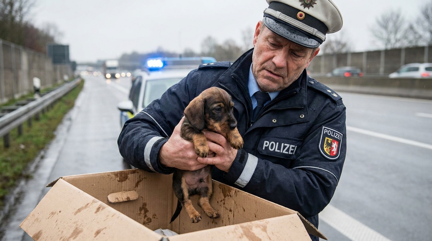 Un chiot teckel au regard triste et apeuré, blotti dans une couverture dans un refuge après avoir été sauvé d'un transport illégal.