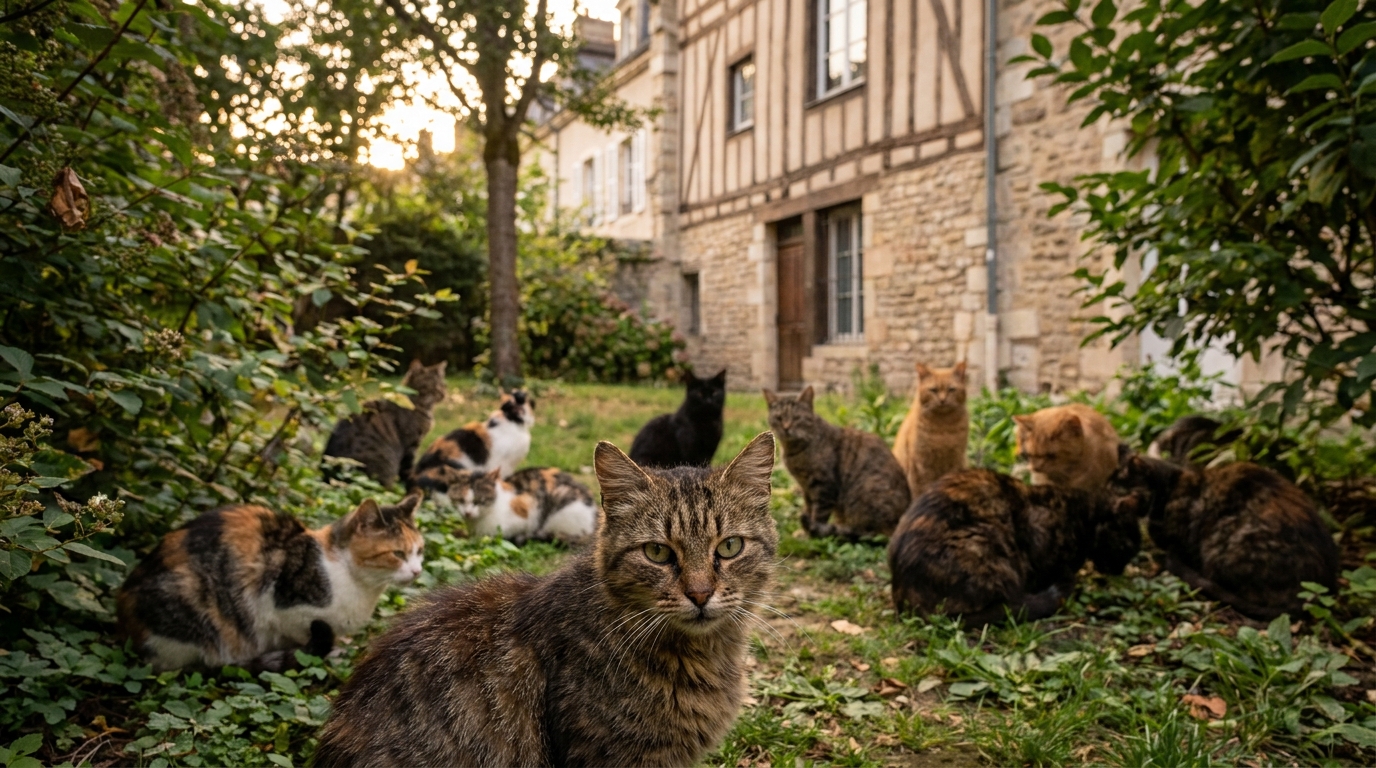 Un groupe de plusieurs chats errants se reposant dans un espace vert urbain, l'un d'eux regarde l'objectif avec curiosité.