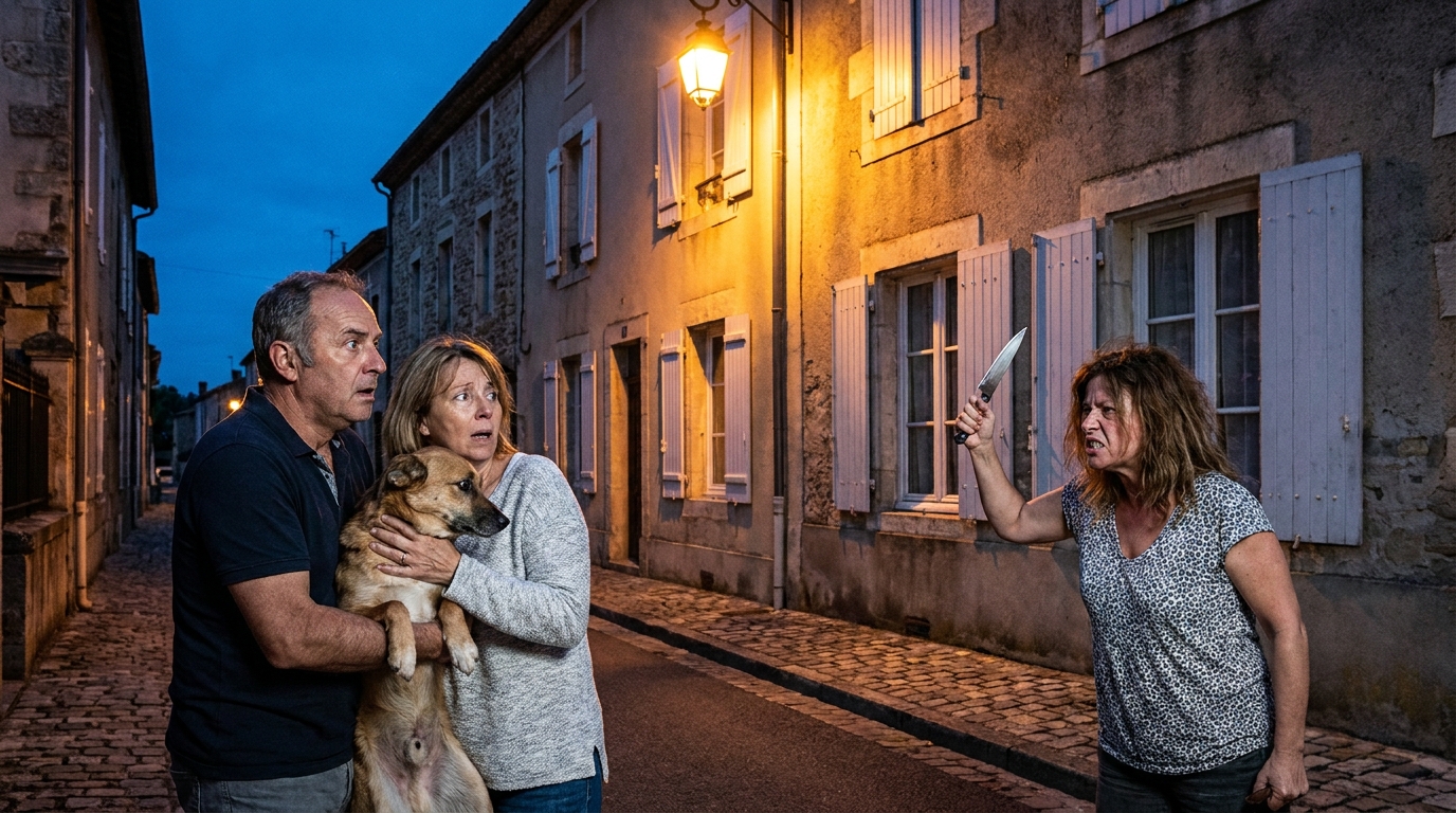 Un couple en promenade nocturne avec son chien faisant face à une situation tendue et dangereuse dans une rue résidentielle.