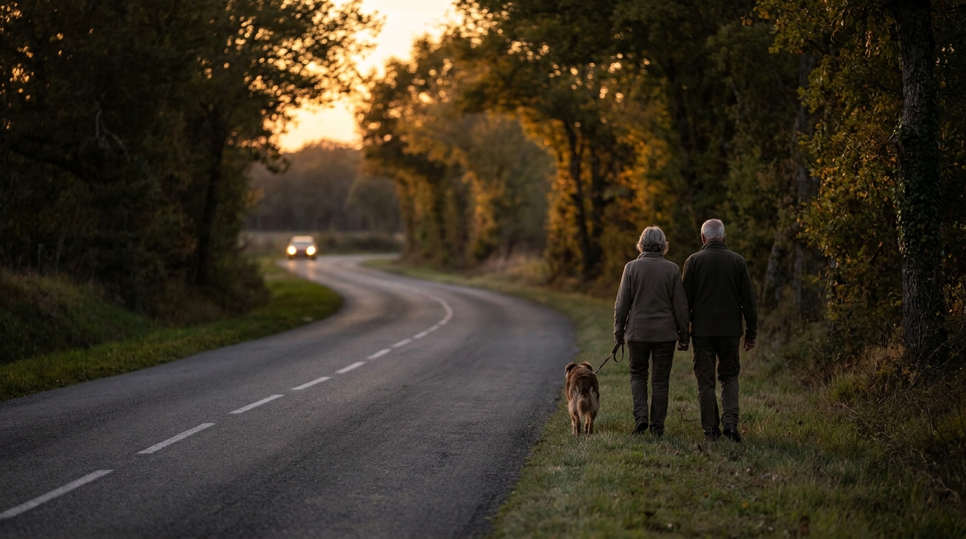 Un couple de personnes âgées et leur chien marchent sur une route de campagne en France au coucher du soleil, symbolisant une promenade tragique.