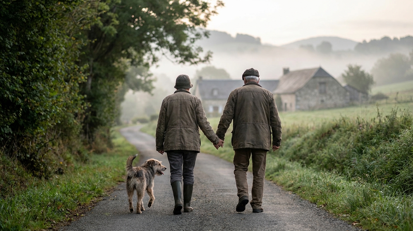 Un couple de personnes âgées et leur chien se promenant sur une route de campagne, symbolisant une routine tragiquement interrompue.