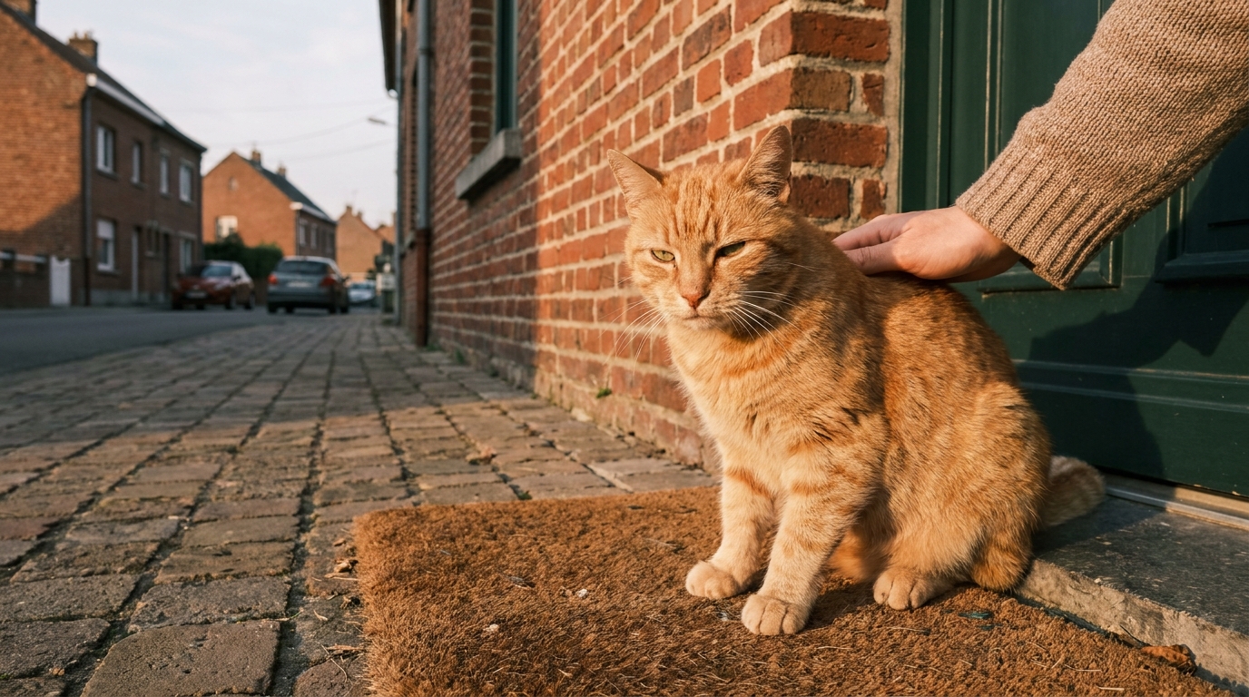 Un chat tigré regarde avec tendresse la personne qui le caresse sur le pas de la porte d'une maison, symbolisant des retrouvailles.