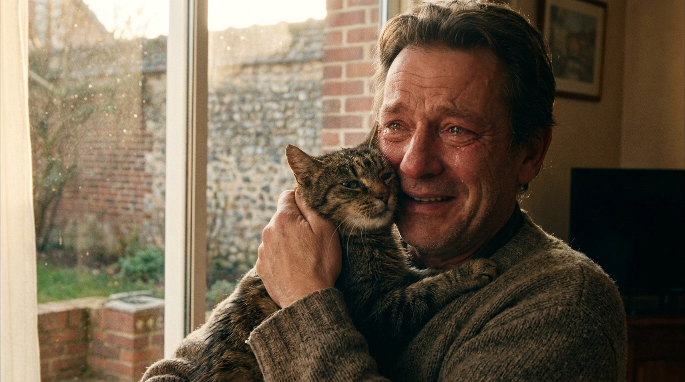 Un homme caresse tendrement un vieux chat tigré assis sur un canapé, la lumière du jour illumine la scène émouvante des retrouvailles.