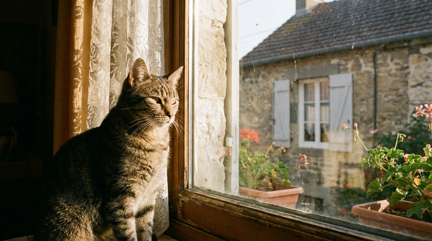 Un chat tigré regarde par la fenêtre d'une maison de quartier, symbolisant une longue attente et une vie cachée.