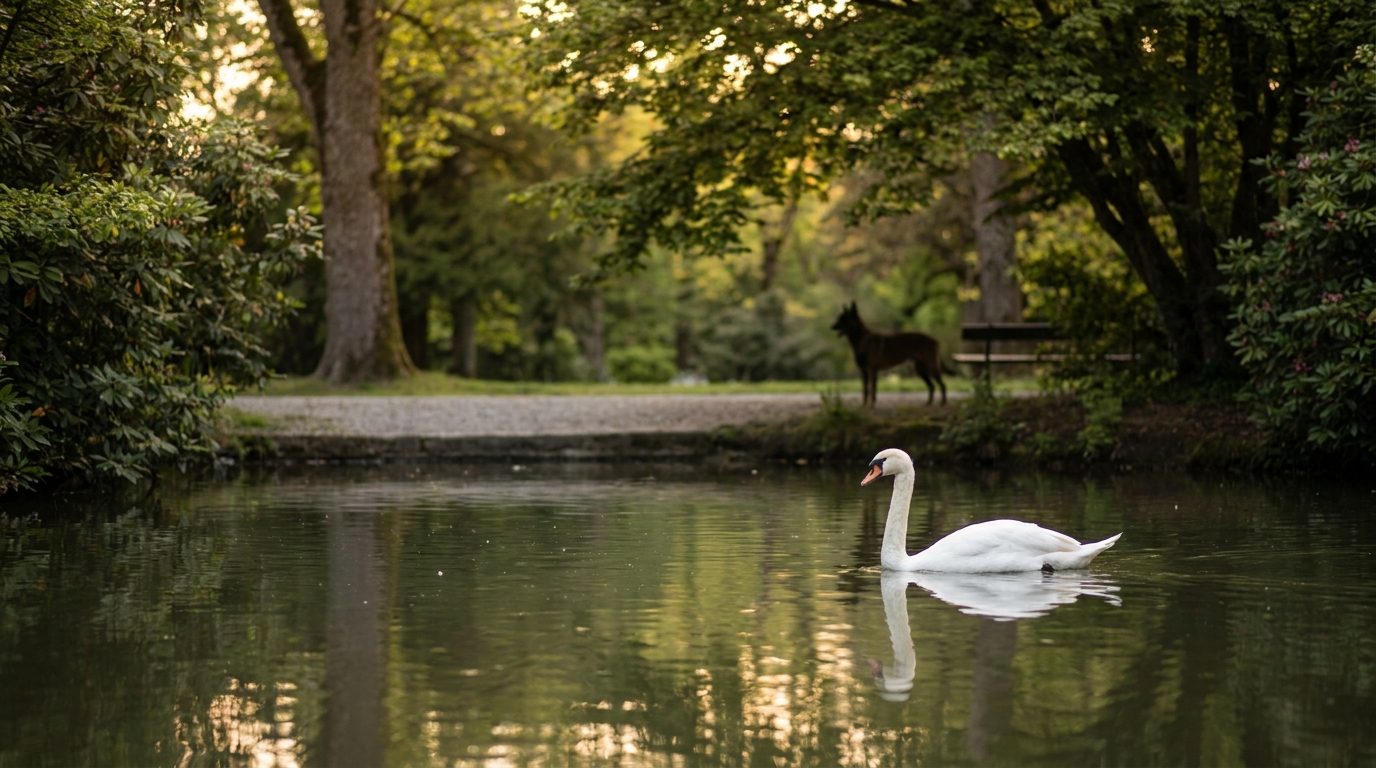 Un cygne blanc nageant seul sur un lac dans un parc français, symbolisant la solitude après la perte tragique de son partenaire.