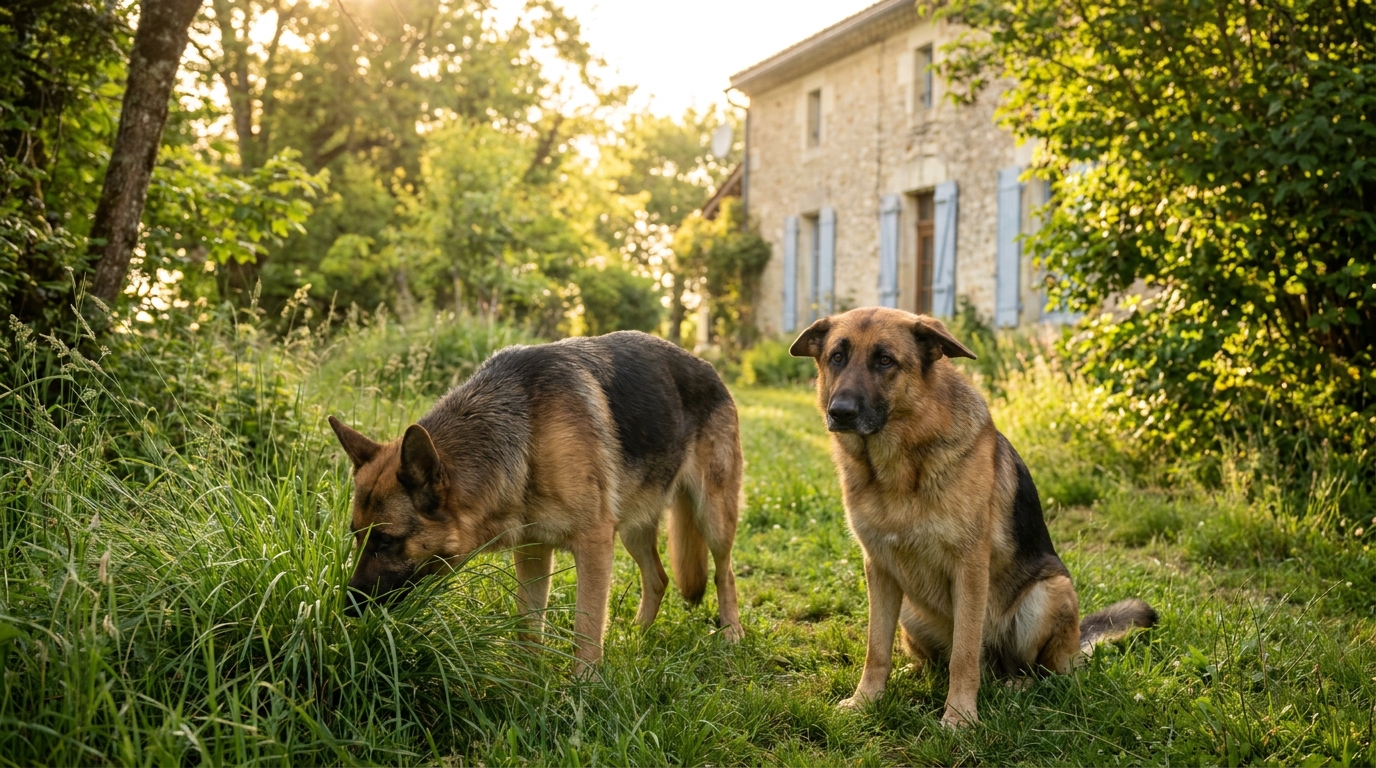 Deux Bergers Allemands un peu craintifs mais curieux posent leurs pattes dans l'herbe fraîche pour la première fois après leur sauvetage.