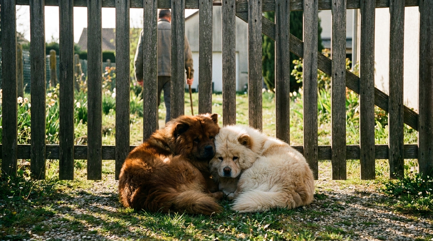 Deux chiens de race Chow-Chow effrayés dans un jardin, un homme avec un bâton en arrière-plan flou.