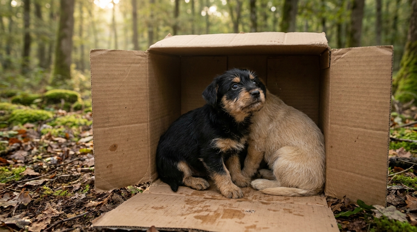 Deux adorables chiots croisés, l'un noir et l'autre fauve, blottis l'un contre l'autre dans un panier douillet au sein d'un refuge.