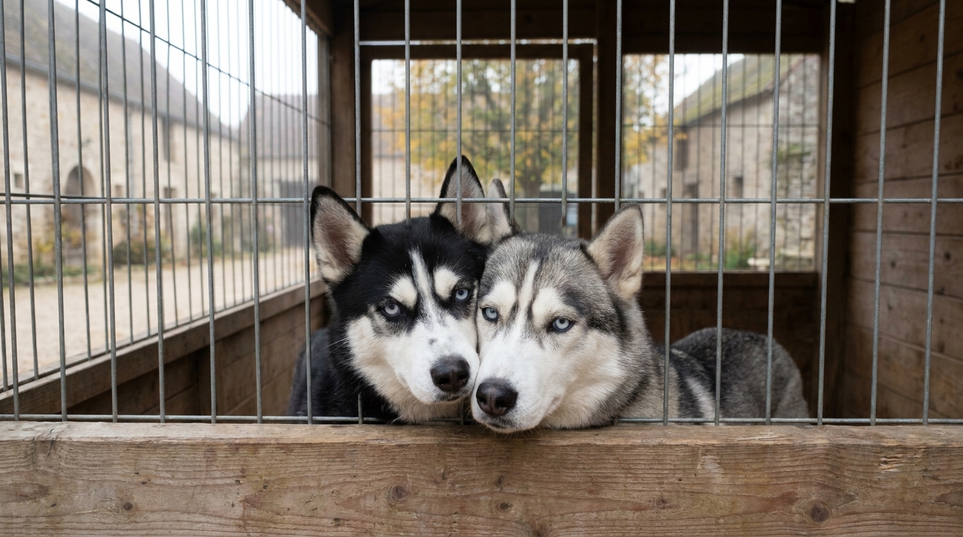 Pepito et Pitch, deux frères husky, se serrent l'un contre l'autre dans leur box au refuge de Messigny-et-Vantoux, attendant une adoption.
