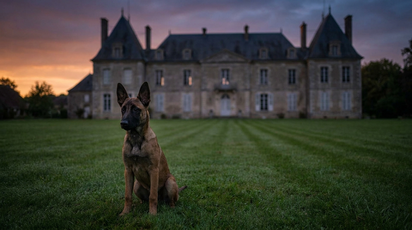 Un Malinois au regard triste dans un grand jardin, symbolisant le drame familial et la perte d'un animal innocent.