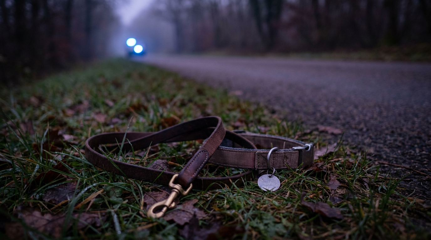 Une laisse de chien abandonnée sur le bord d'une route de campagne au crépuscule, symbolisant un tragique accident.