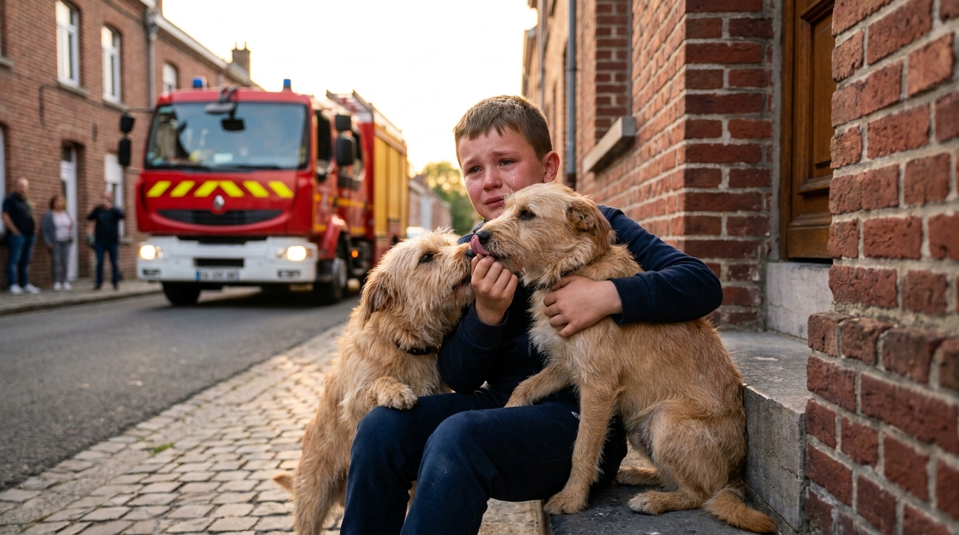 Un jeune garçon serre son chien dans ses bras devant un camion de pompiers français, l'air soulagé après un incendie.