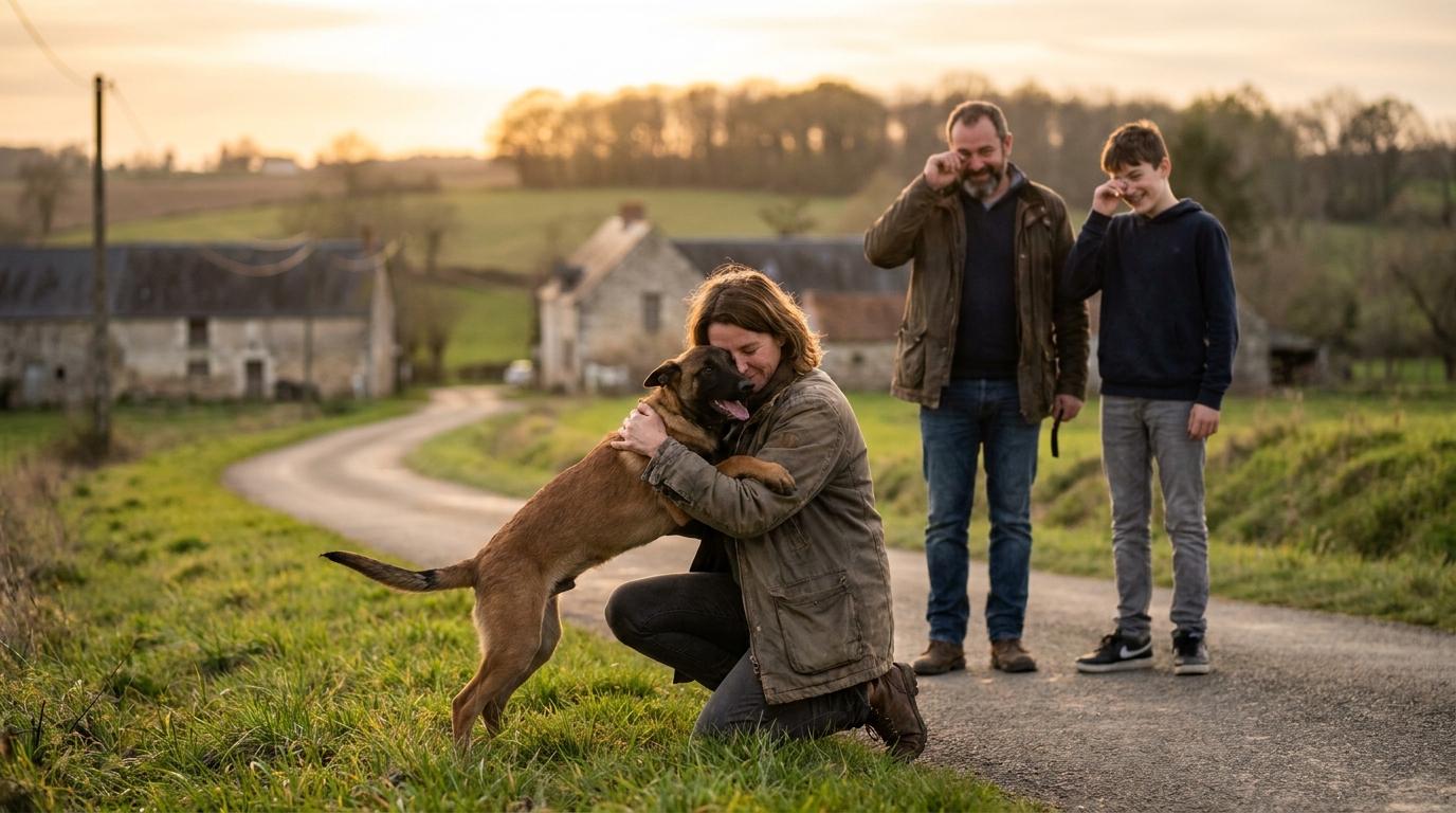 Un jeune chiot Malinois, Kaiser, saute joyeusement dans les bras de sa famille au bord d'une route de campagne en Indre-et-Loire.