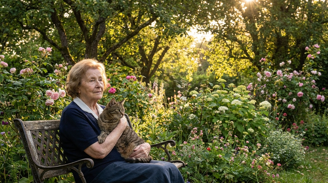 Une femme assise sur un banc dans un jardin fleuri tient tendrement son chat dans ses bras pour un dernier câlin.