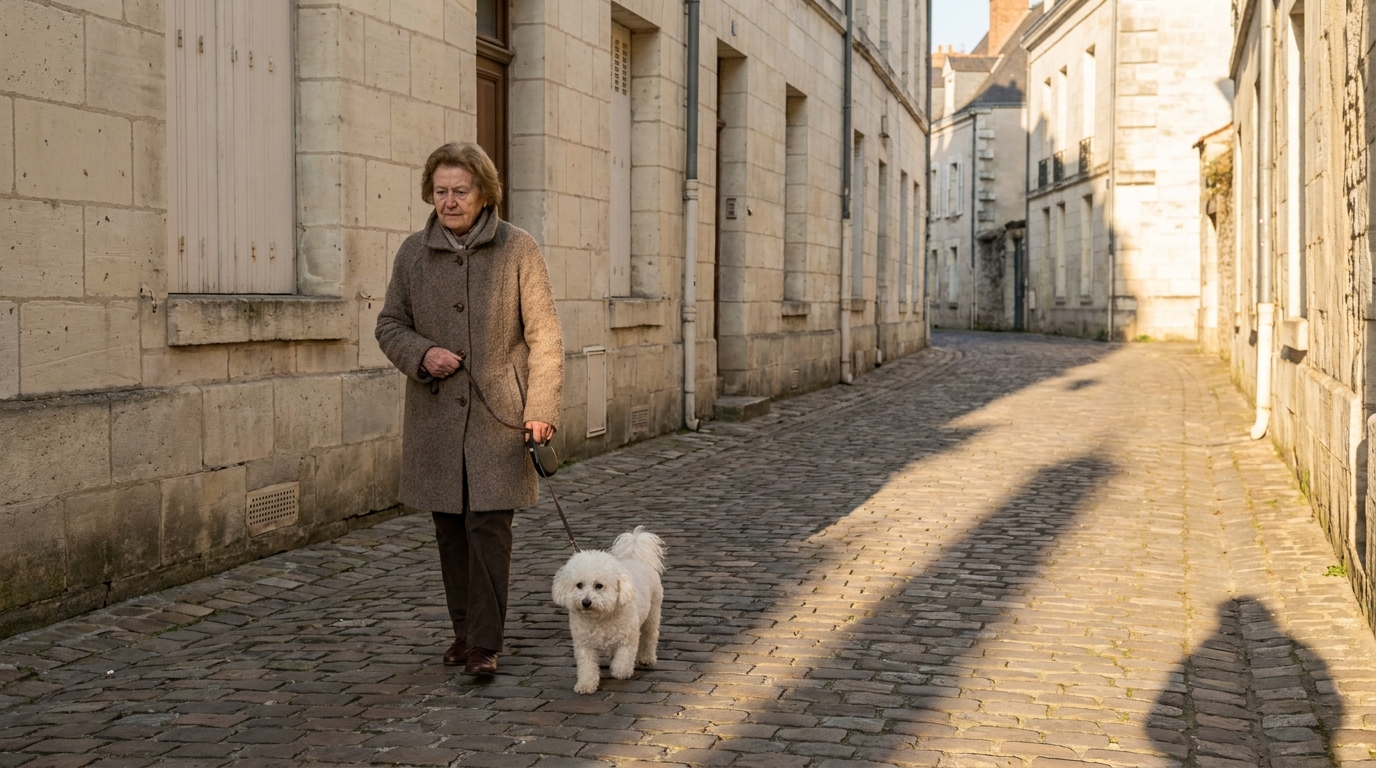 Une dame âgée marche avec son petit chien en laisse dans une rue pavée typique d'une ville française, le visage empreint d'inquiétude.