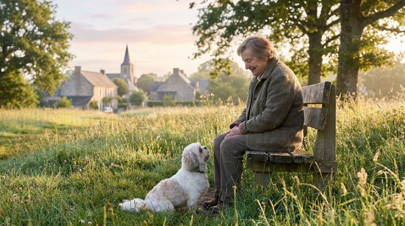 Une femme âgée est assise sur un banc avec son fidèle chien de race Shih Tzu qui veille sur elle, illustrant leur lien indéfectible.