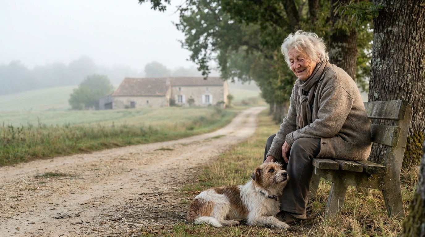 Une femme âgée assise sur un banc en pleine nature, souriante, avec son petit chien loyal couché à ses pieds, symbolisant leur lien indéfectible.