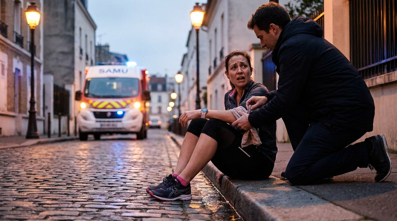 Une femme sous le choc après avoir été attaquée par un chien lors de son jogging dans une rue en France.