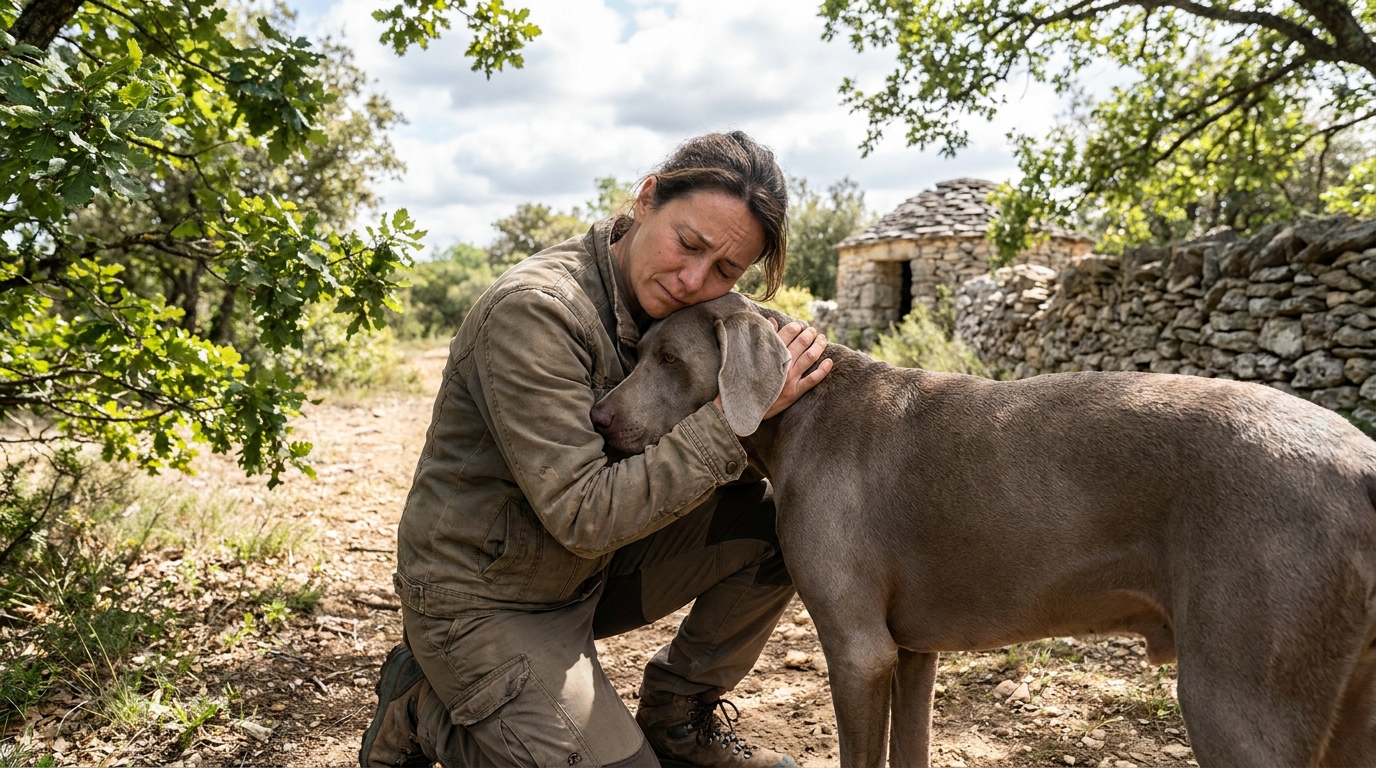 Une femme console son chien Braque de Weimar assis sur un sentier en forêt, une scène empreinte de tristesse et d'inquiétude.