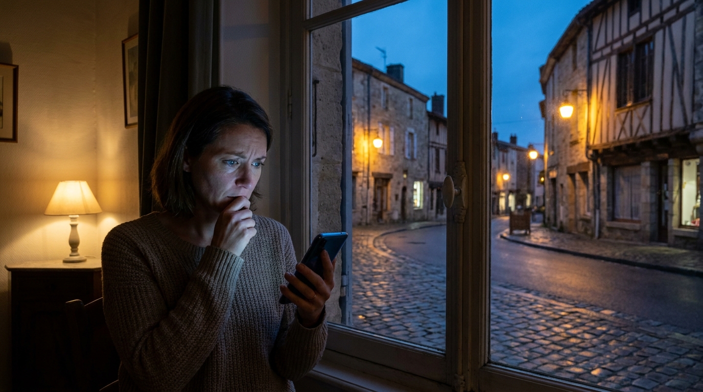 Une femme regarde son téléphone avec une expression d'inquiétude, symbolisant la recherche de ses chats disparus sur les réseaux sociaux.