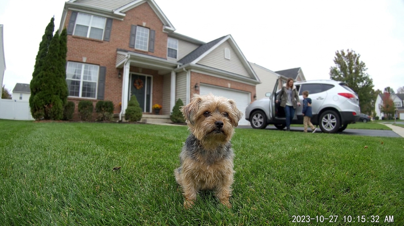 Un petit chien de type Yorkshire sur une pelouse, observé depuis une caméra de sonnette alors qu'une femme l'enlève.