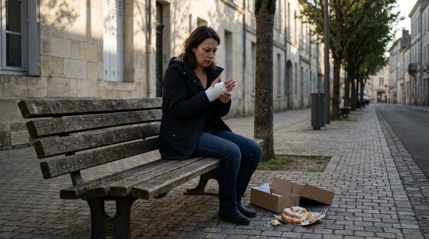 Une femme assise, l'air choqué, regarde sa main recouverte d'un bandage blanc, suite à une morsure de chien dans une rue en France.