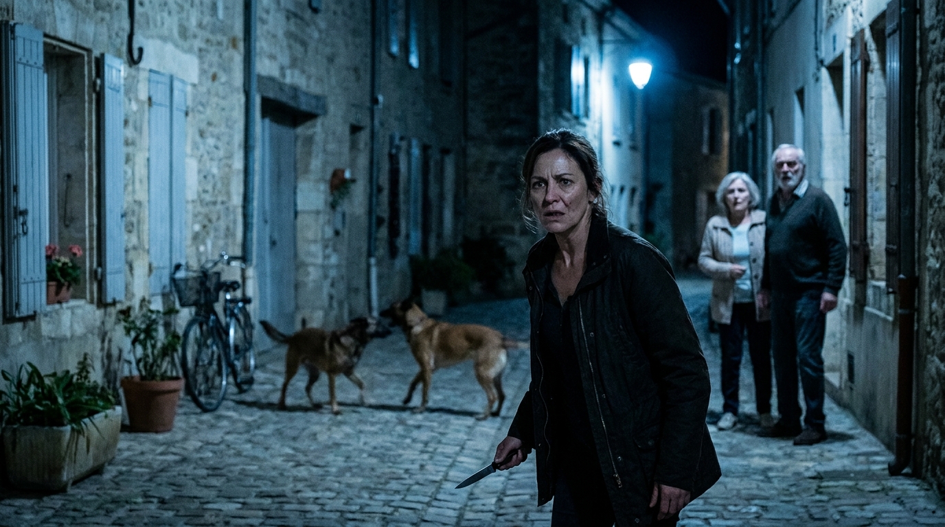 Une scène de tension nocturne où une femme agressive menace un couple avec un couteau suite à une altercation entre leurs chiens dans une rue.