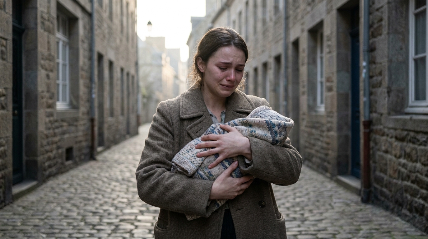 Une jeune femme en deuil serre tendrement dans ses bras la dépouille de son chat, dans une ruelle de la ville de Saint-Malo.