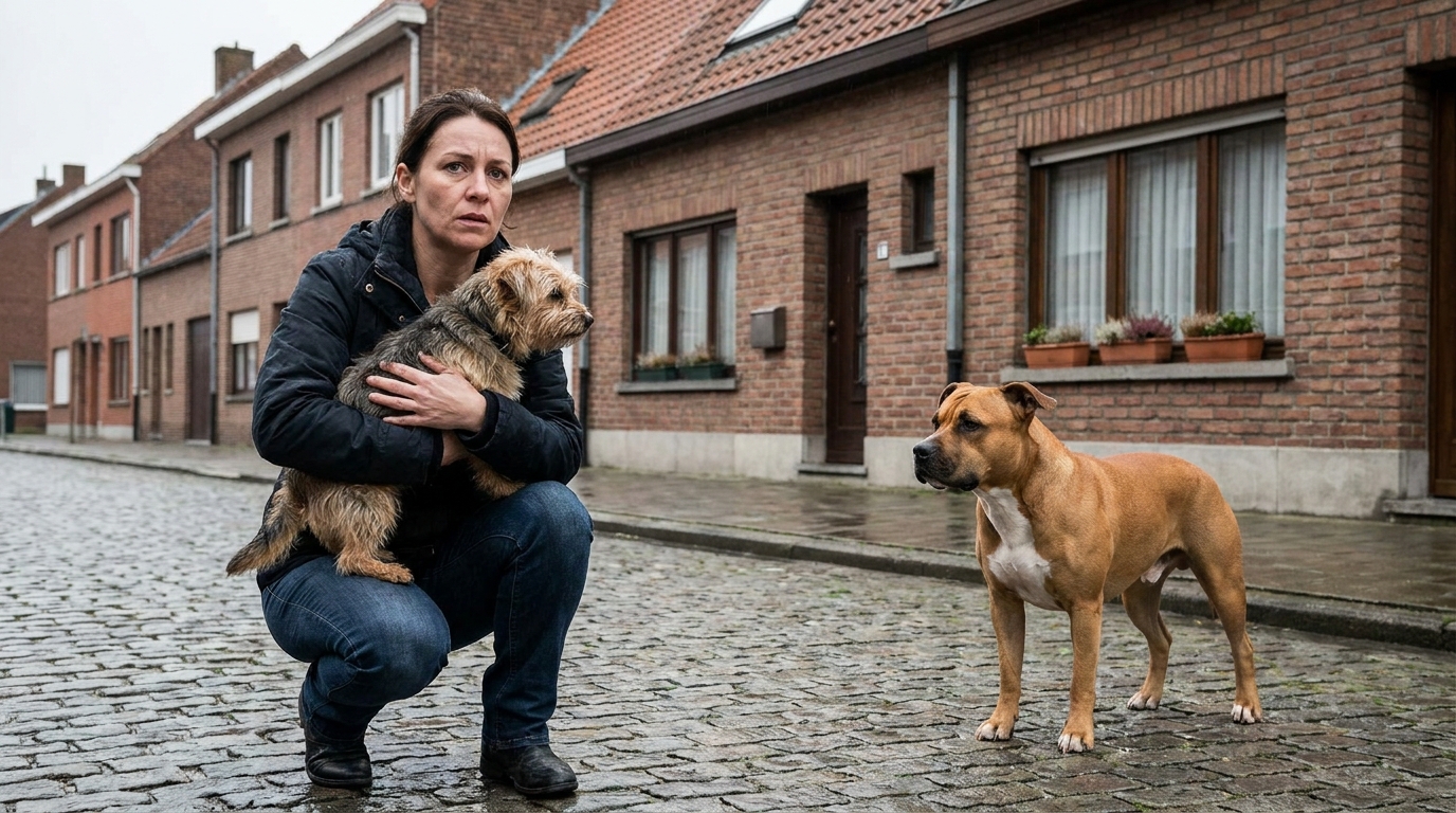 Une femme protège son petit chien dans ses bras face à un American Staff menaçant dans une rue résidentielle.