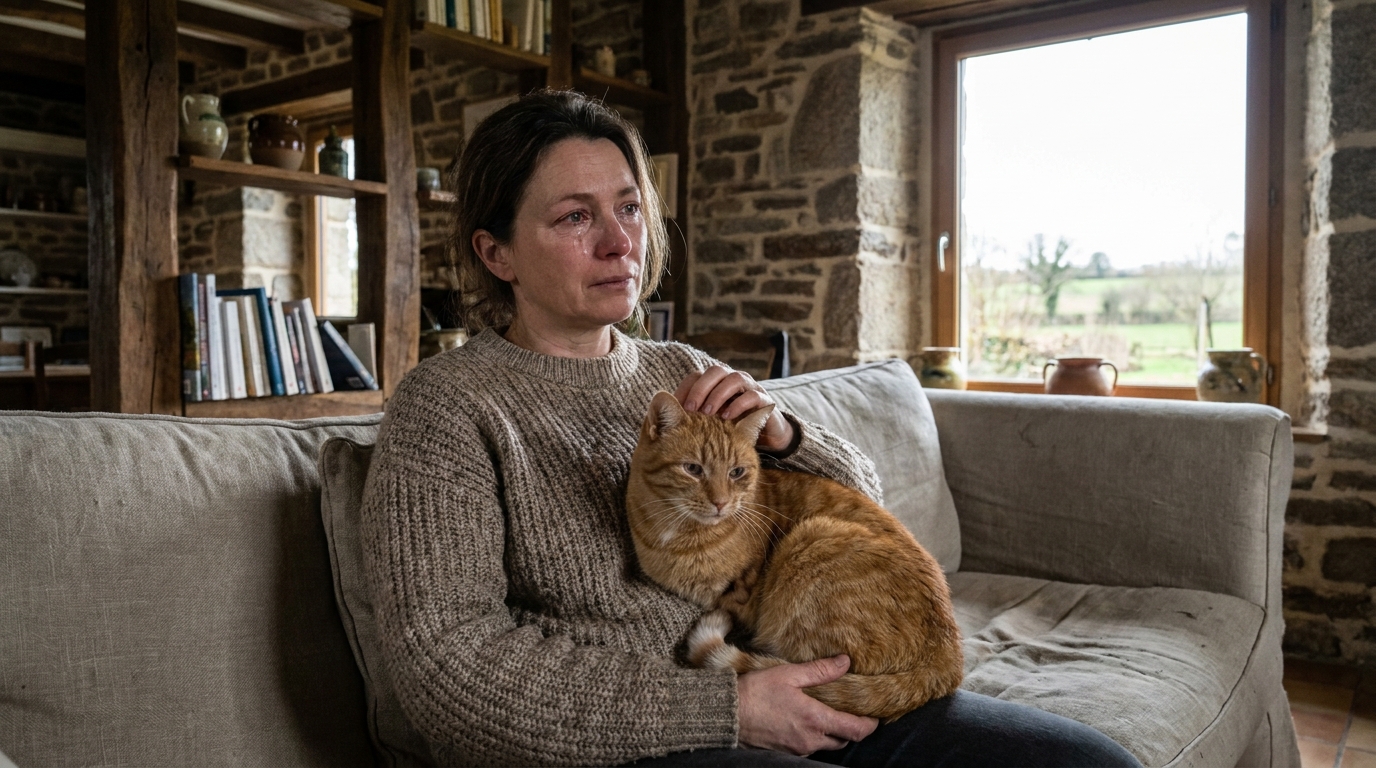 Gros plan sur une femme caressant tendrement son chat tigré qui se repose sur ses genoux, une patte avant visiblement manquante.
