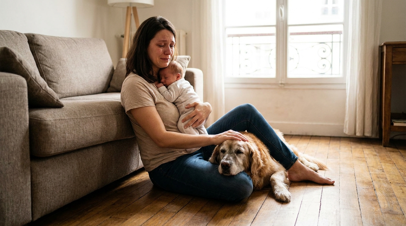 Une jeune femme réconforte son chien malade, couché sur un canapé, tout en tenant son bébé dans les bras dans un salon.