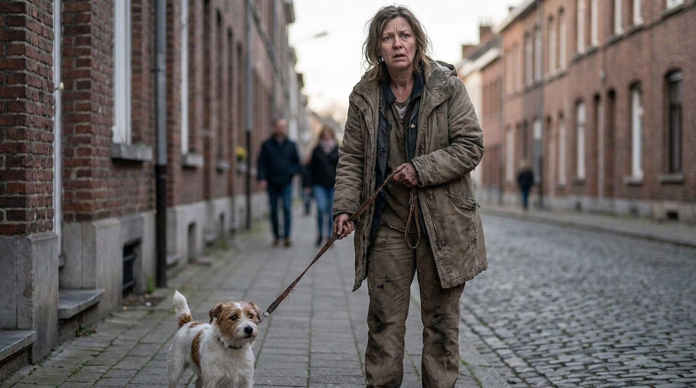 Une femme d'apparence précaire tient en laisse un petit chien qui semble inquiet dans une rue résidentielle typique de Bruxelles, en Belgique.