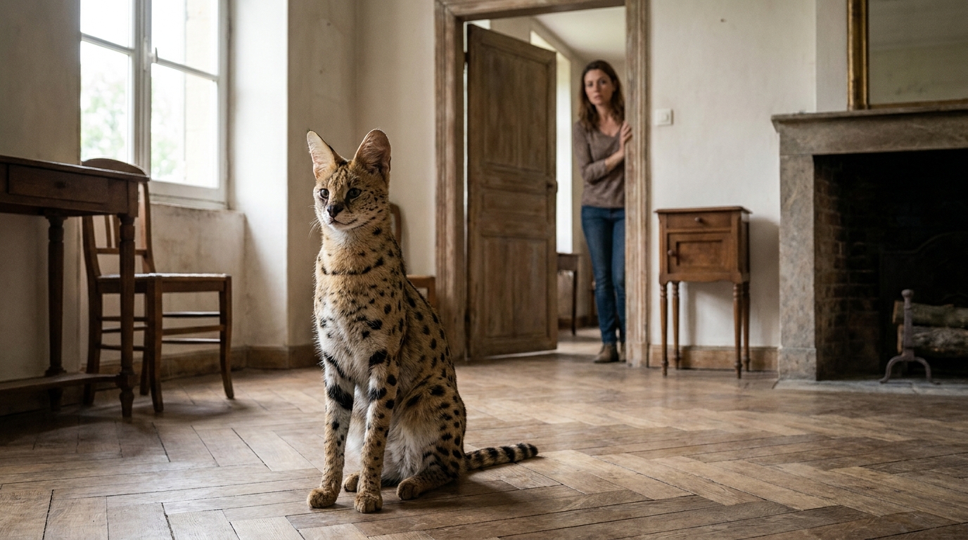 Une femme observe avec un mélange de surprise et d'inquiétude un serval assis sur un tapis dans un salon français.