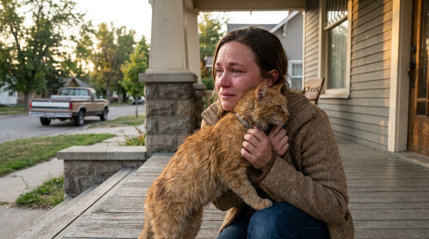 Une jeune femme, émue aux larmes, serre tendrement son chat tigré dans ses bras, le retrouvant après une longue séparation.