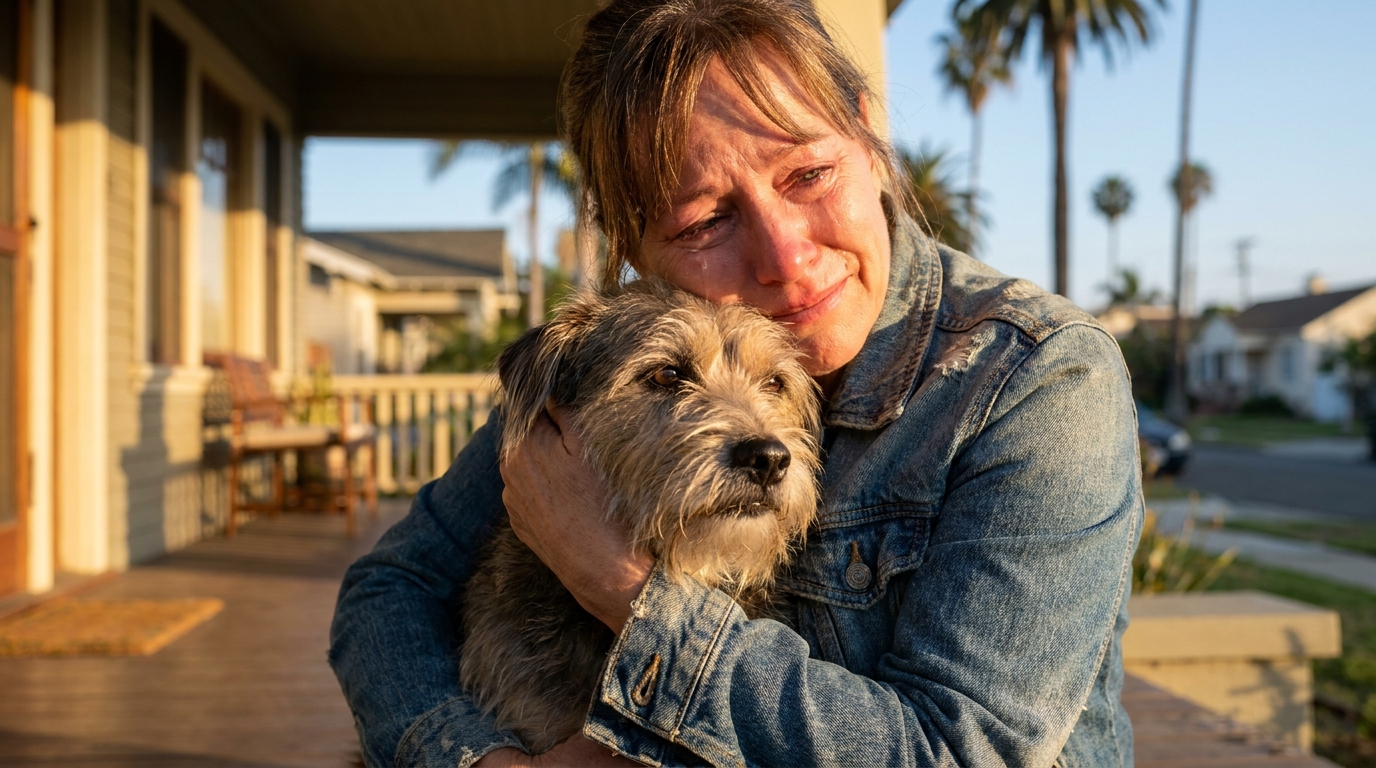 Une femme émue aux larmes serre dans ses bras son chien de type terrier, enfin retrouvé après une longue absence.