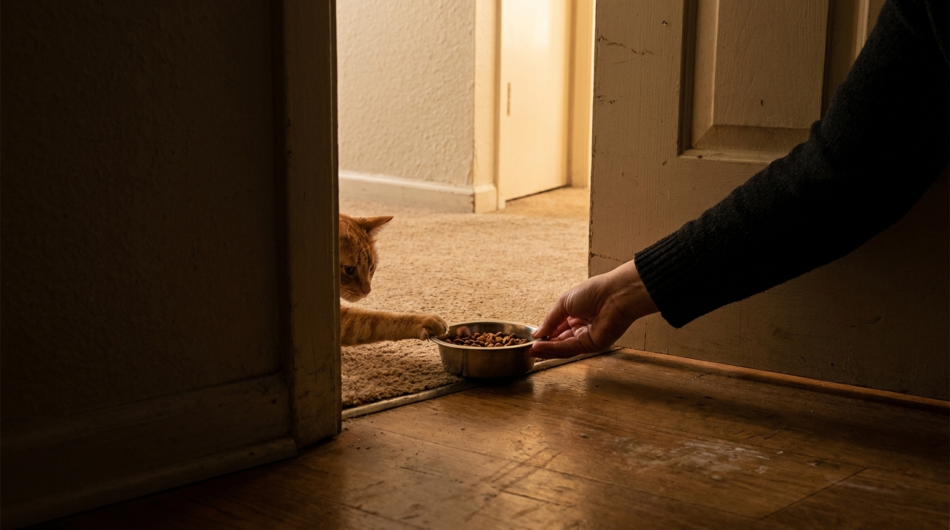 Une femme glisse de la nourriture sous la porte d'un appartement pour nourrir un chat abandonné à l'intérieur, illustrant un geste de sauvetage.