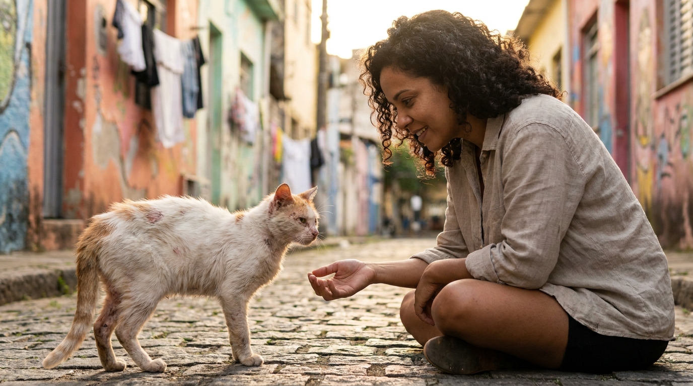 Une femme tend la main avec douceur vers un chat errant très maigre et malade, assis sur un trottoir au Brésil.