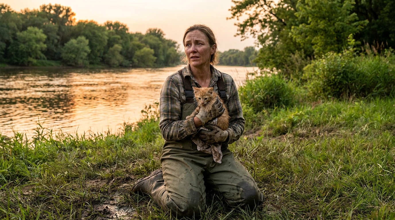 Une femme sauve un petit chaton roux au bord d'une rivière, le réconfortant dans ses bras après un sauvetage.