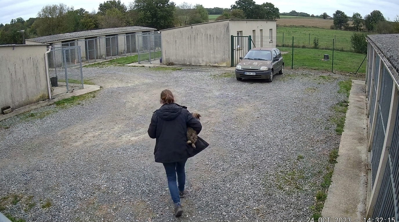 Une image floue de caméra de surveillance montrant une silhouette quittant discrètement un refuge pour animaux avec un petit chiot.